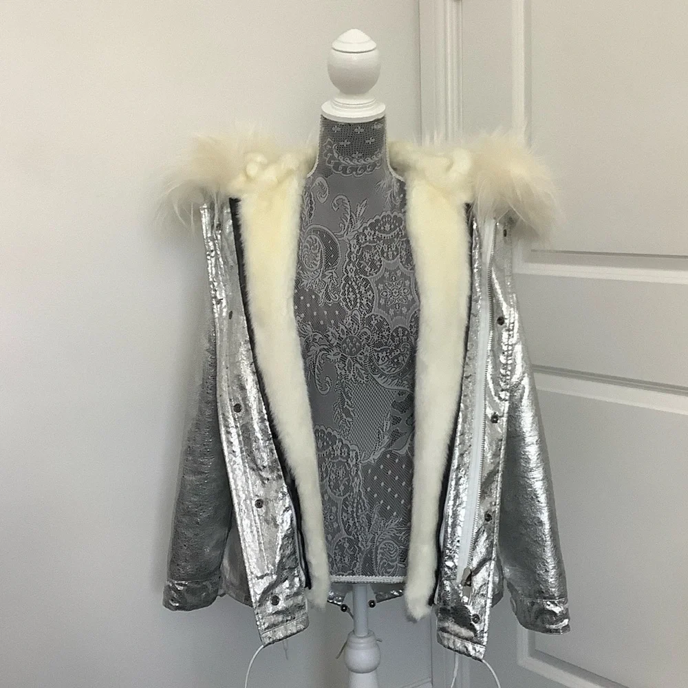 Silver Faux Fur Hooded Jacket, Size M - Picture 7 of 13